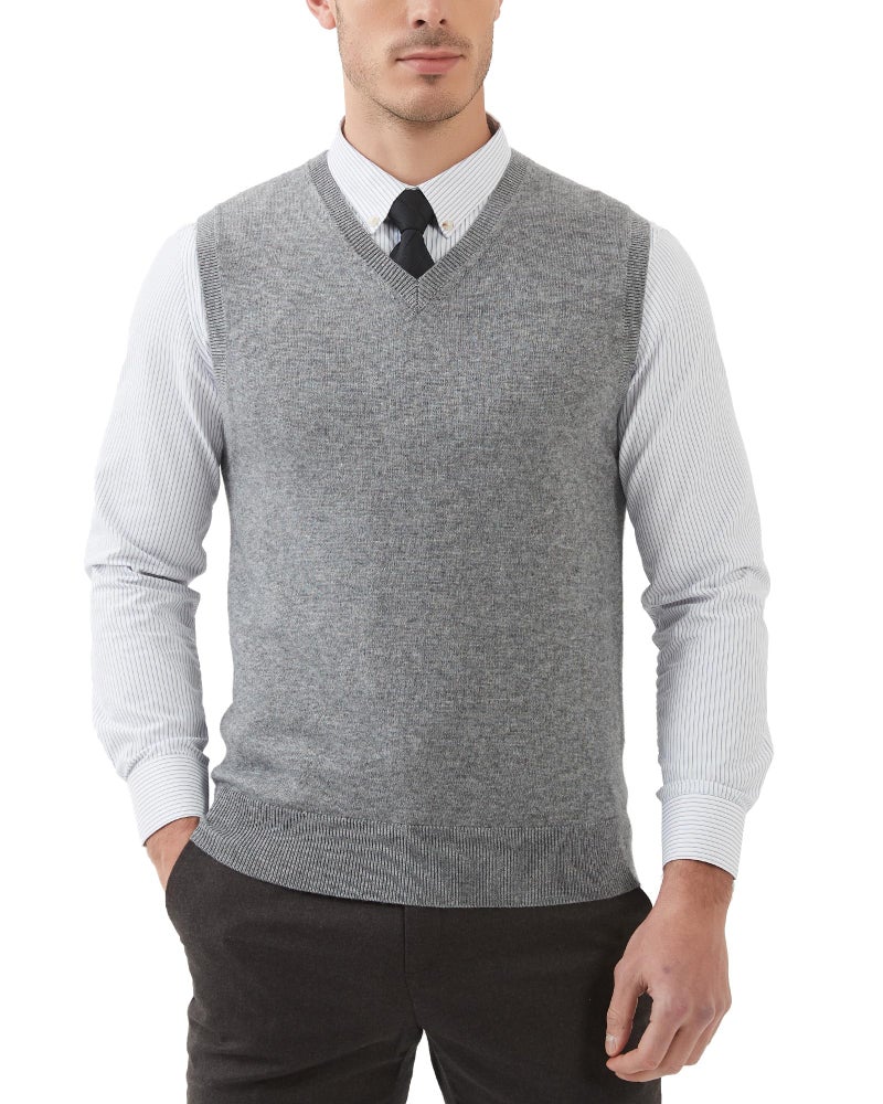 Kallspin Men's Wool Blended Vest Sweater Relaxed Fit V Neck Sleeveless Knitted Pullover (Light Grey, X-Large) - Image 1